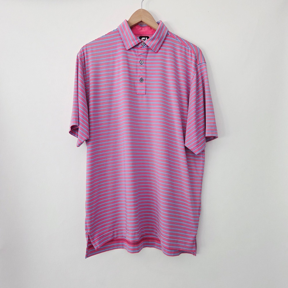 FootJoy Golf Polo Pink Blue Striped Performance Lisle Mens Large